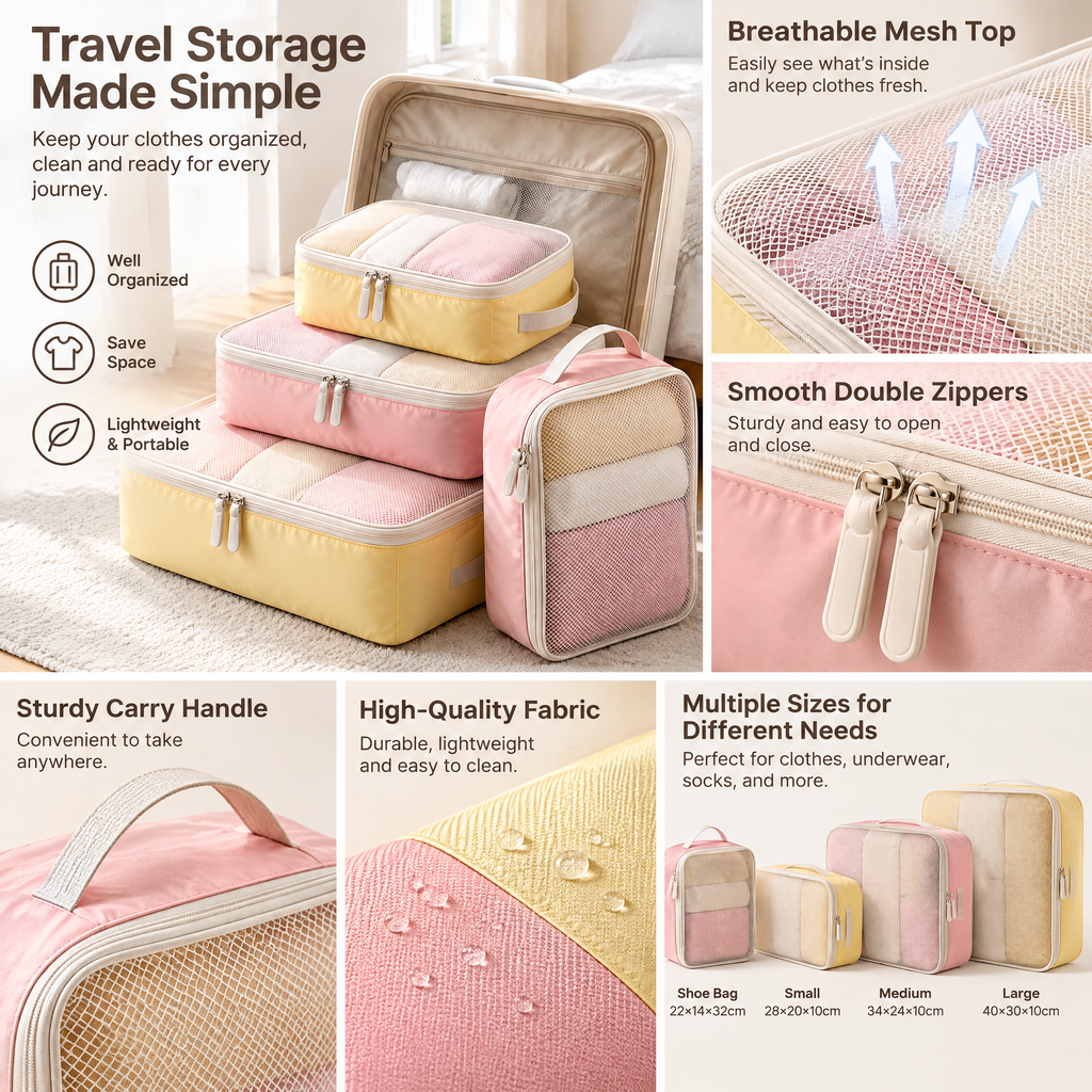 Pastel Mesh Packing Cubes, 4-Piece Set — feature details