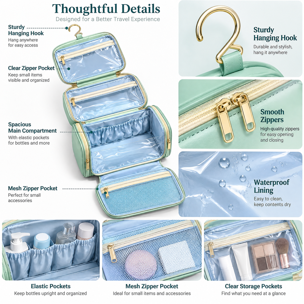 Mint Hanging Travel Toiletry Organizer — feature details