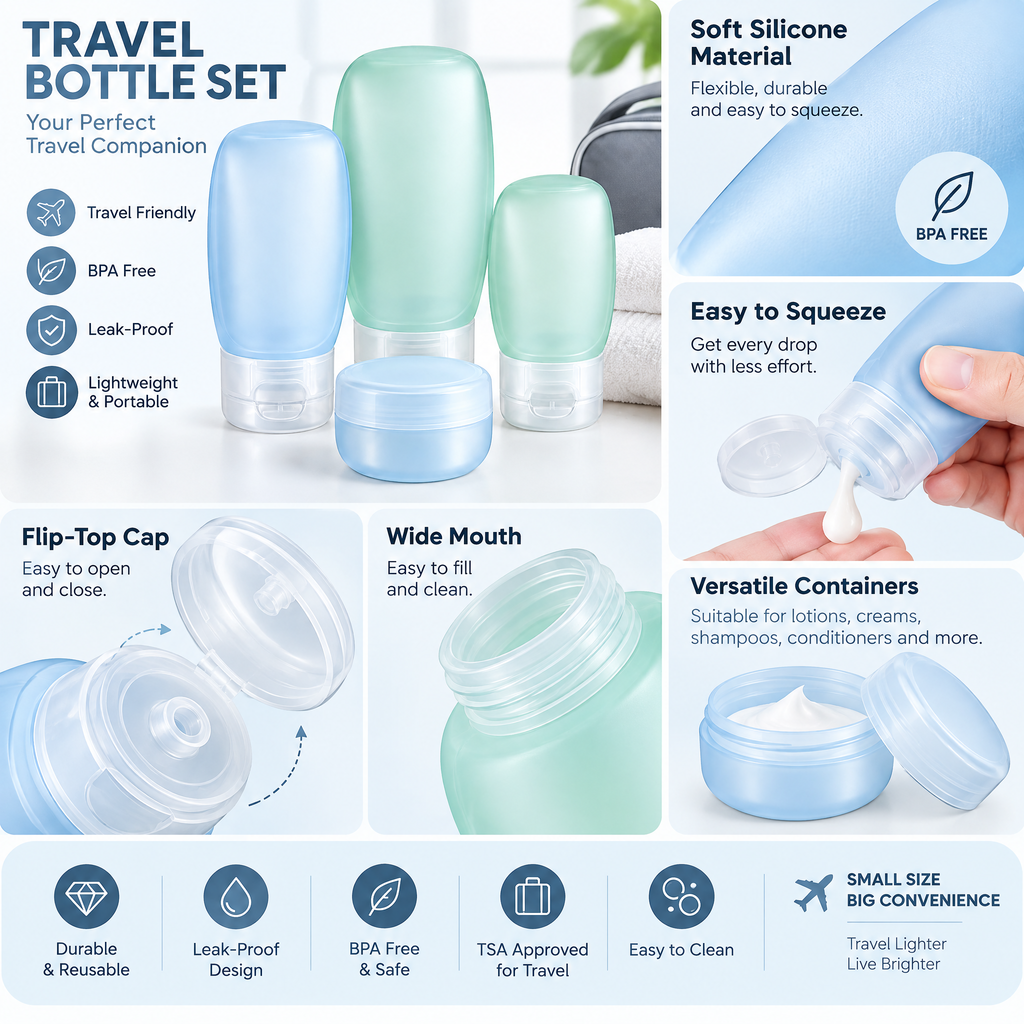 Pastel Refillable Travel Bottles & Jar, 4-Piece Set — feature details
