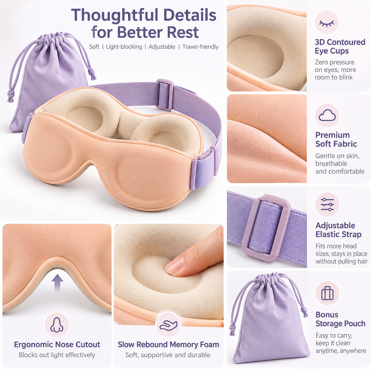 Contoured Sleep Mask with Carry Pouch — feature details